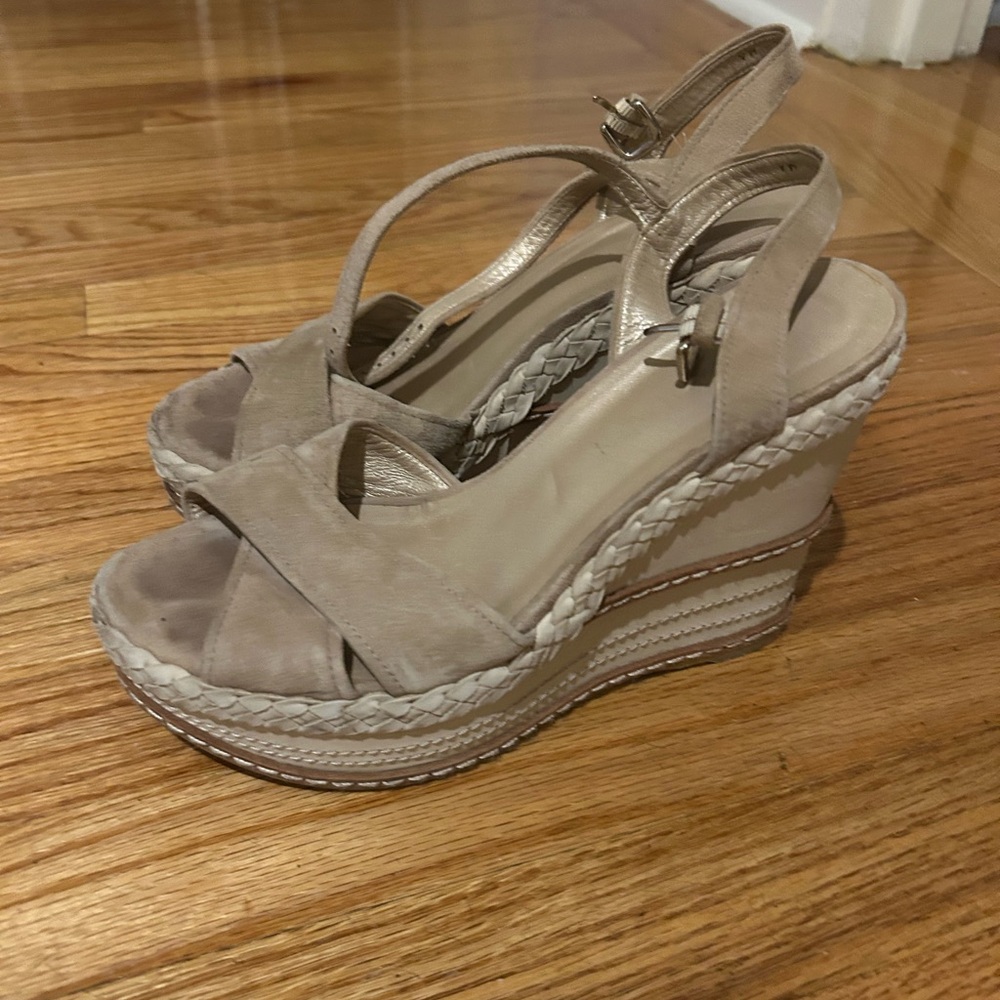 Stuart Weitzman Tan Espadrille Wedges with Peep-Toe